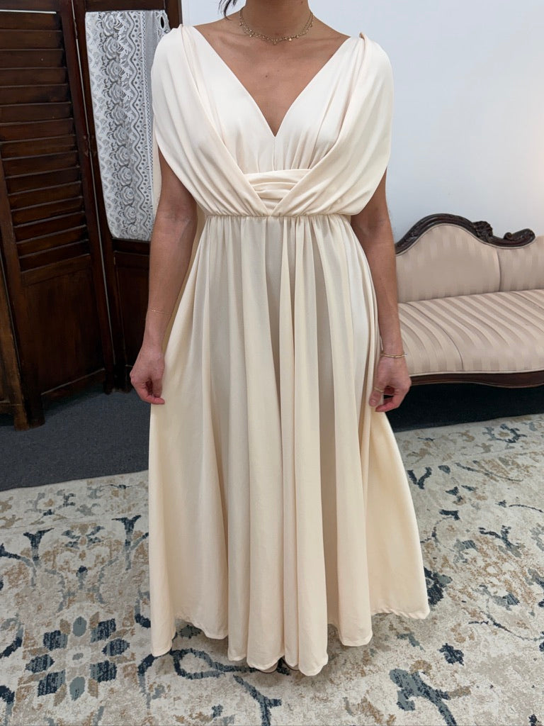 Vintage 70s cream grecian v neck gown with open back