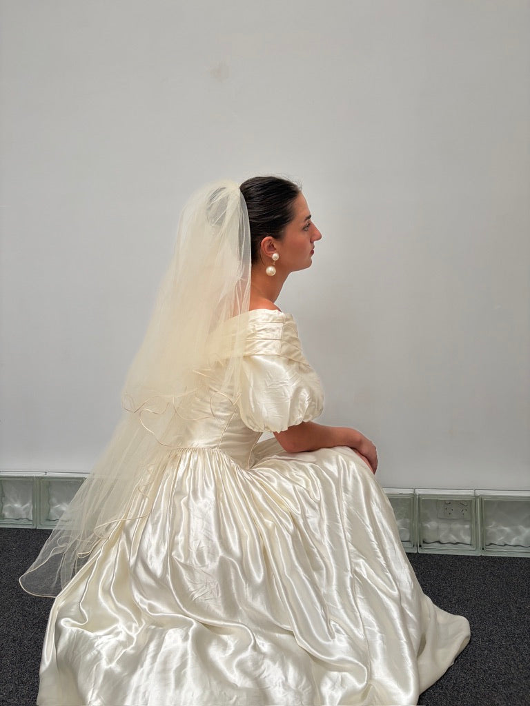 Vintage 90s cream satin basque waist princess wedding dress