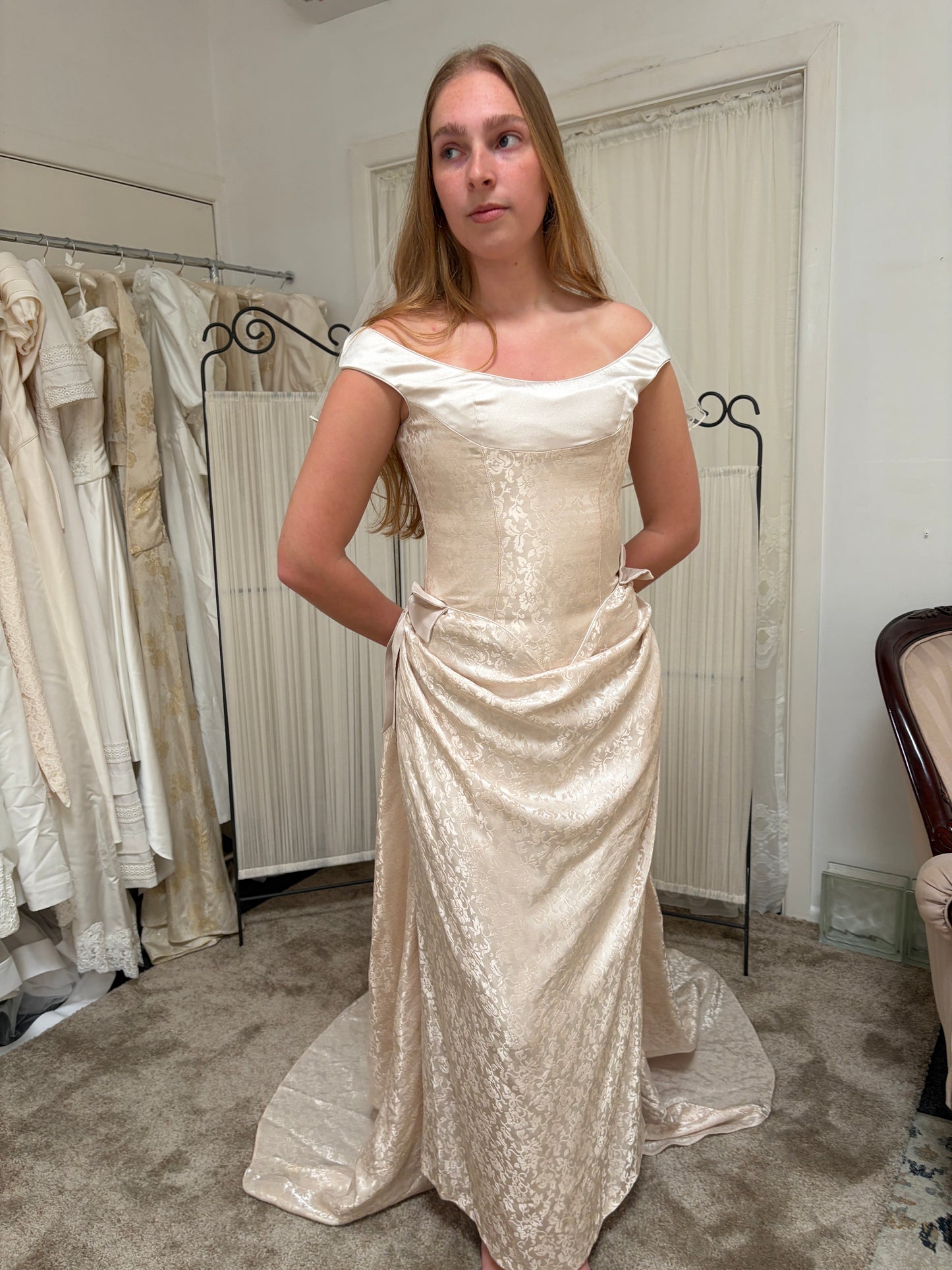 Vintage 90s ballerina pink basque waist wedding gown with bows