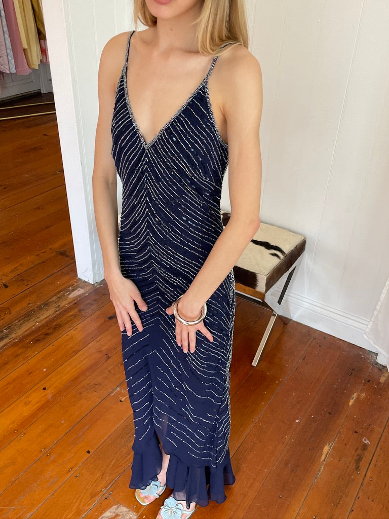 Vintage Y2K Navy beaded slip dress with flirty hem