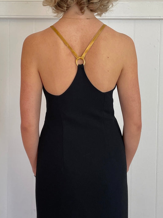 Vintage 90s black high neck gown with gold hardware