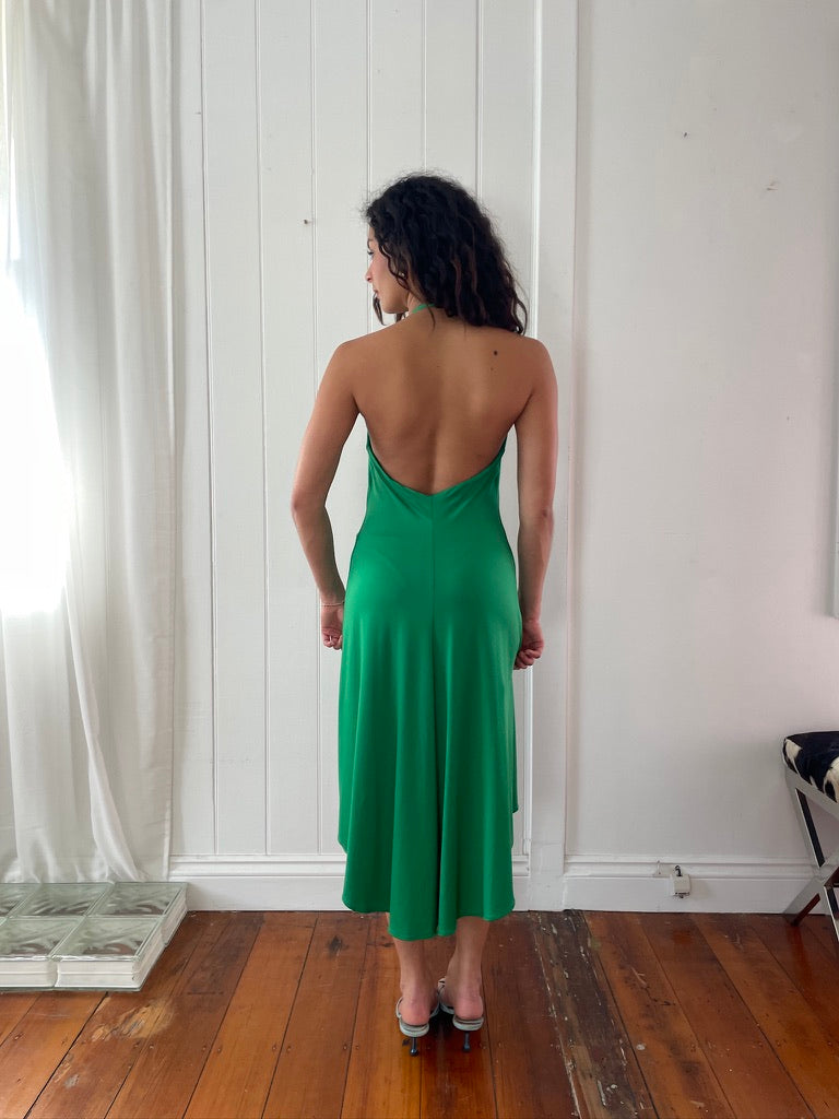 Vintage 90s green plunge neck backless mini dress