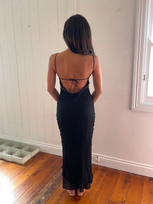 Vintage 90s silk black beaded evening dress