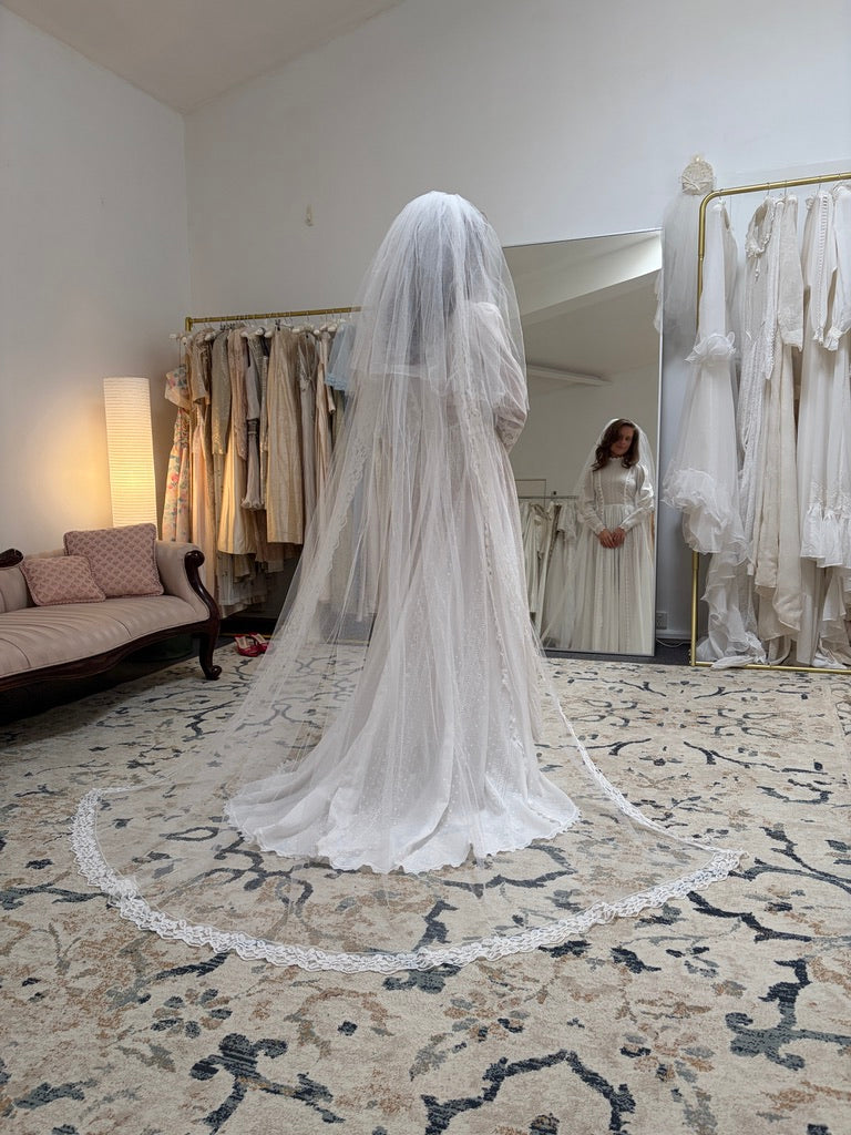 Vintage 70s embroidered cotton voile long sleeve wedding dress with train
