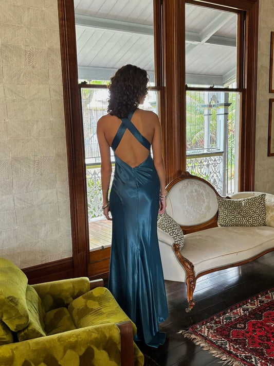 Savannah Dress - Vintage 90s deep teal satin gown with small train