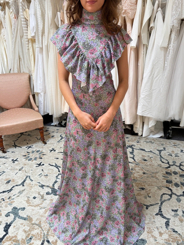 Vintage 70s high neck metallic floral a-line floor length dress