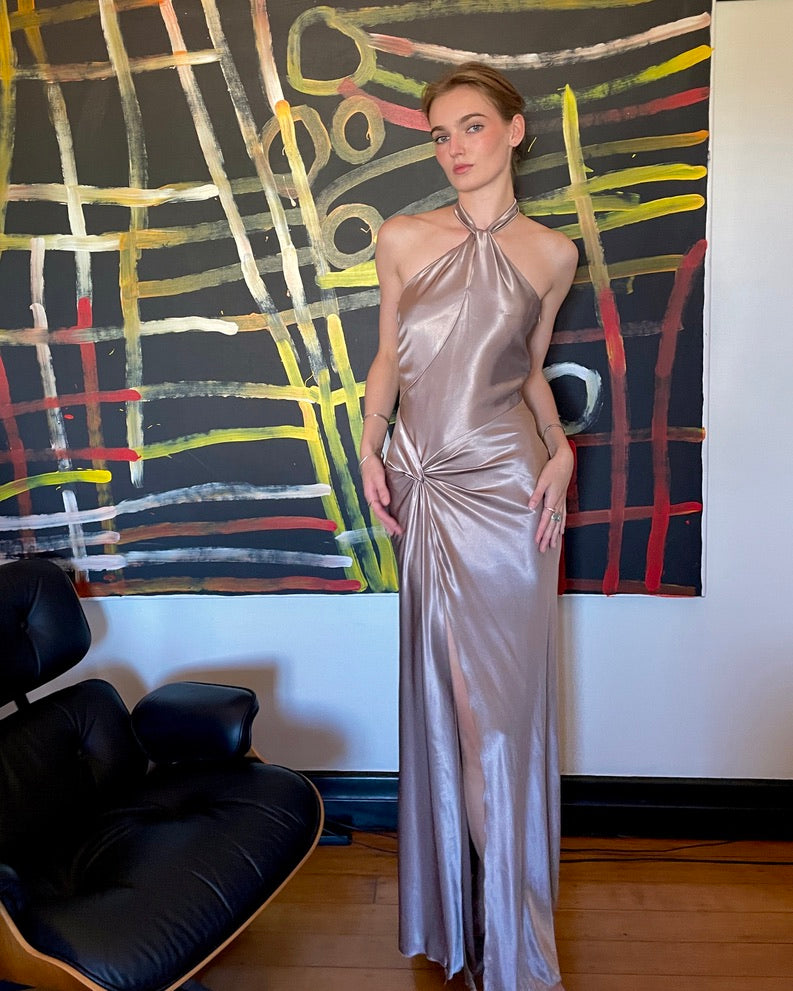 Vintage Ruth Tarvydas Halter Twist Gown Mocha 6