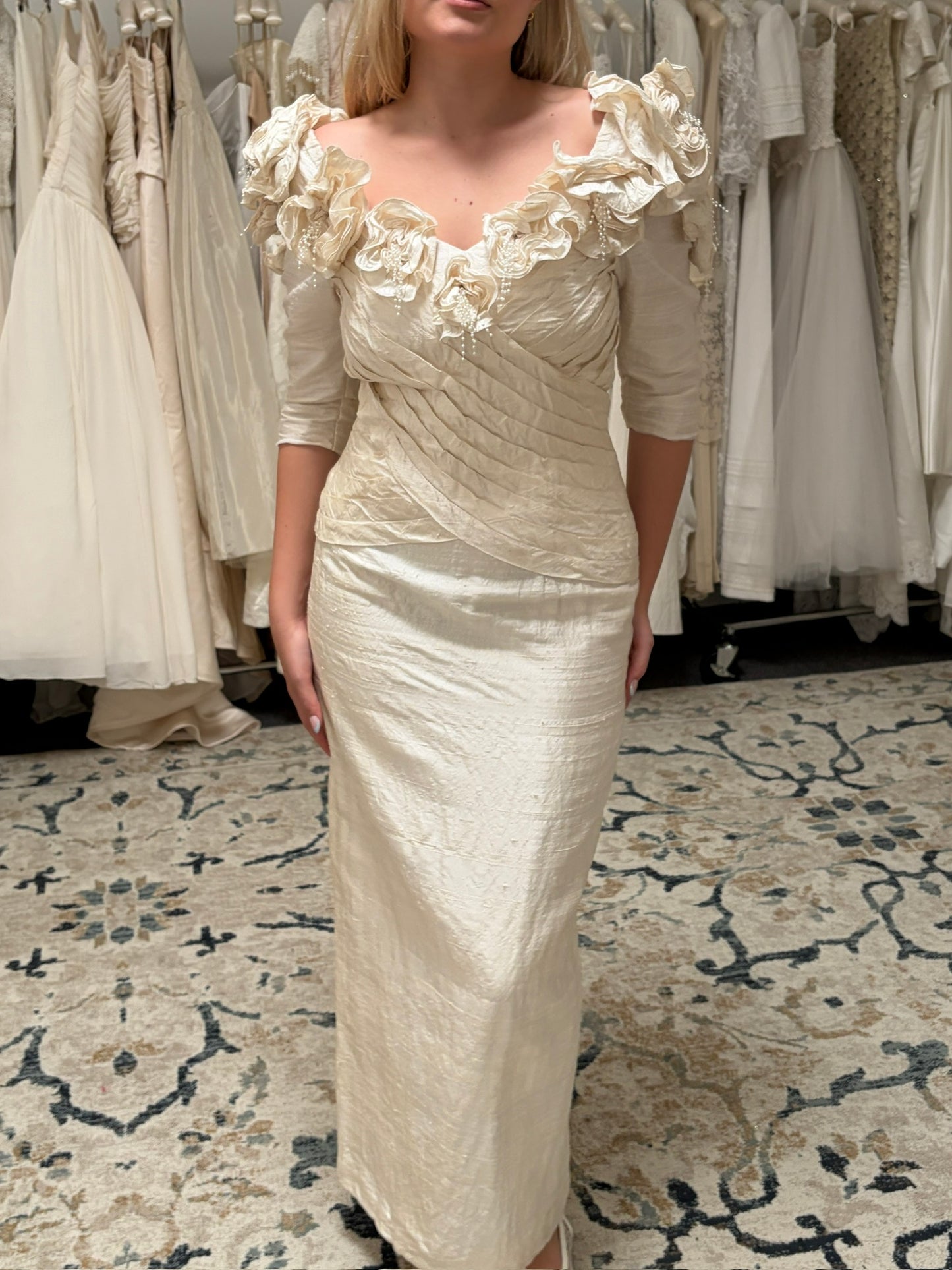 Vintage 90s Jean Fox pleated off shoulder wedding dress with detachable train
