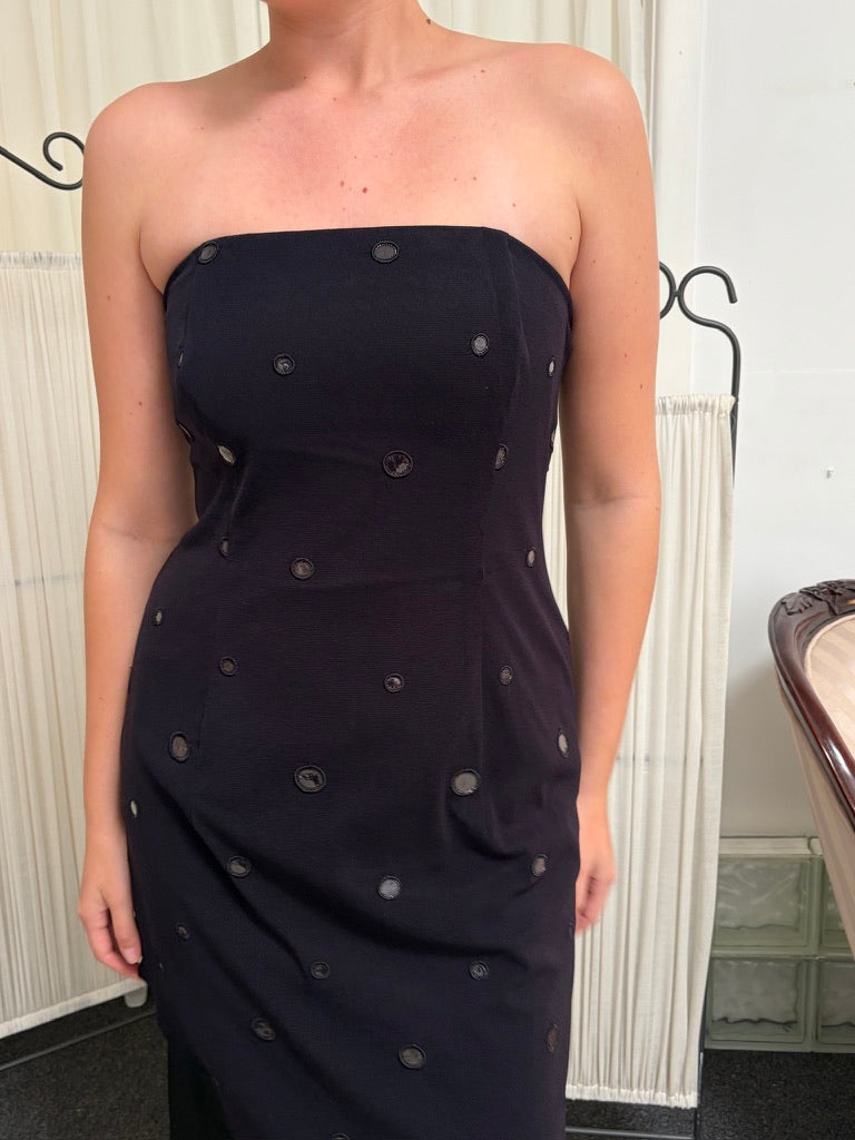 Vintage 90s black strapless evening gown with sheer overlay