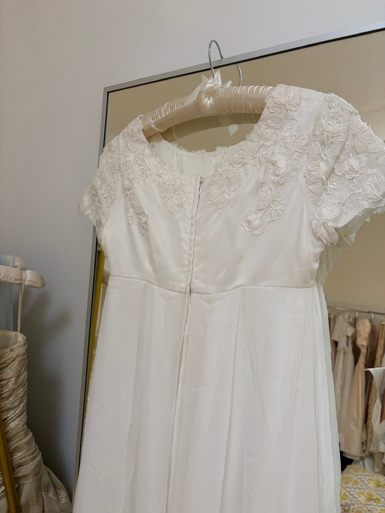 Vintage 60s column wedding dress with floral applique and dramatic train