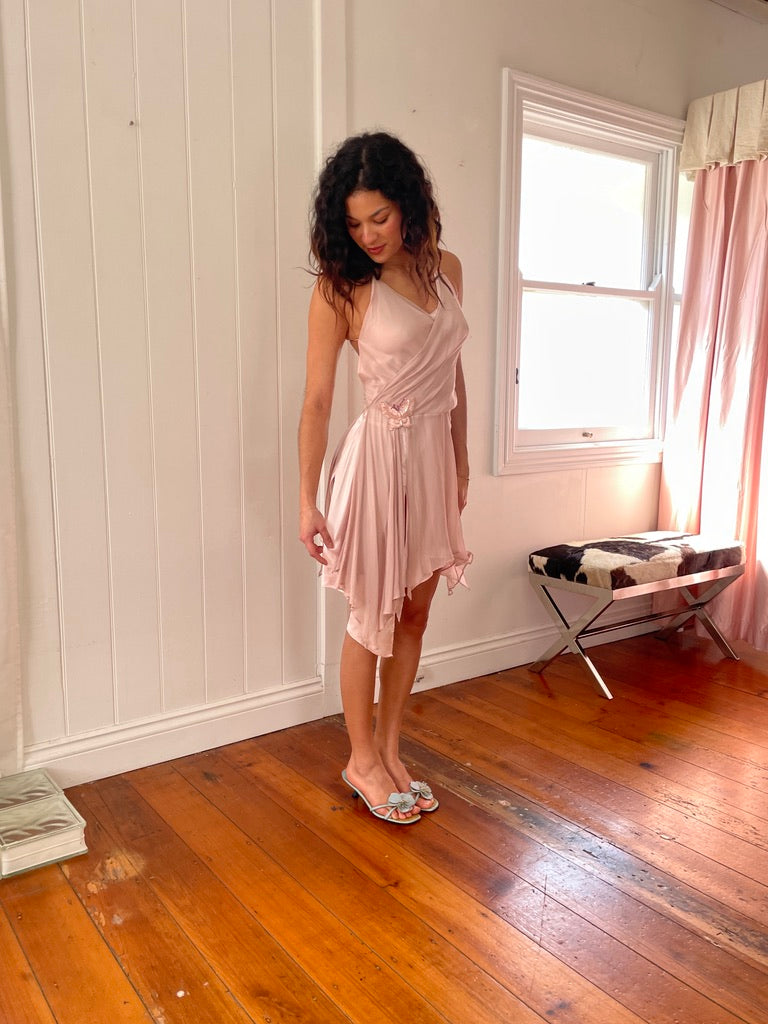 Vintage 90s pink silk bias cut mini dress with beaded butterfly