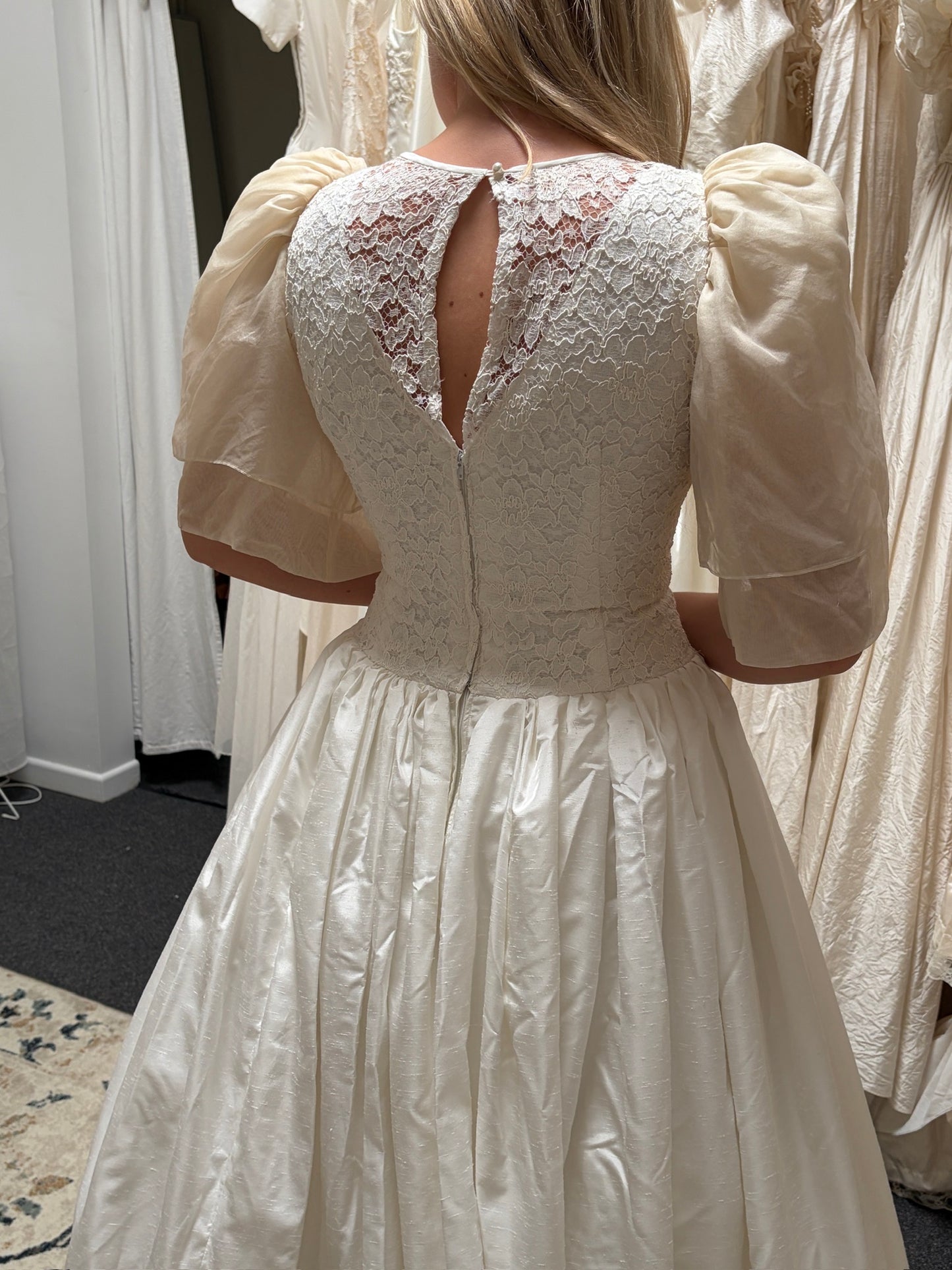Vintage 1986 silk puff sleeve basque waist wedding dress with train