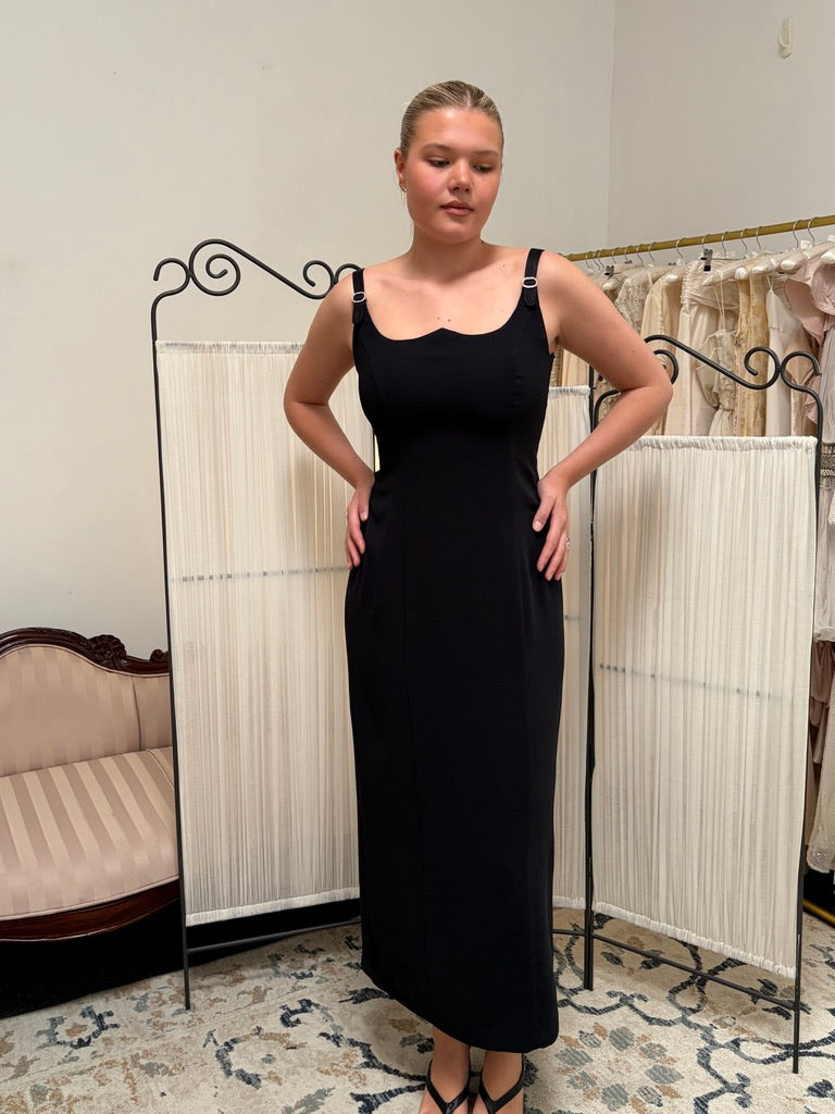 Vintage 90s reverse sweetheart black evening gown with buckles