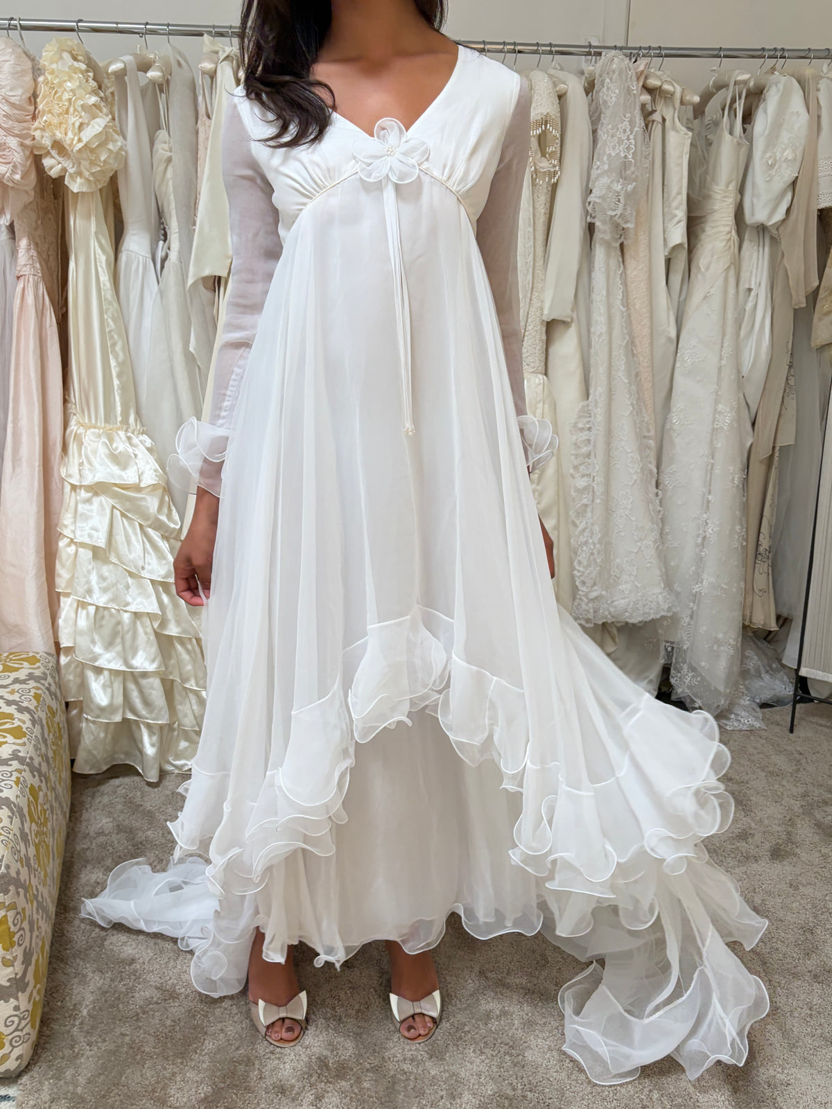Vintage 70s Margo Prince ethereal ruffled chiffon long sleeve wedding dress with train
