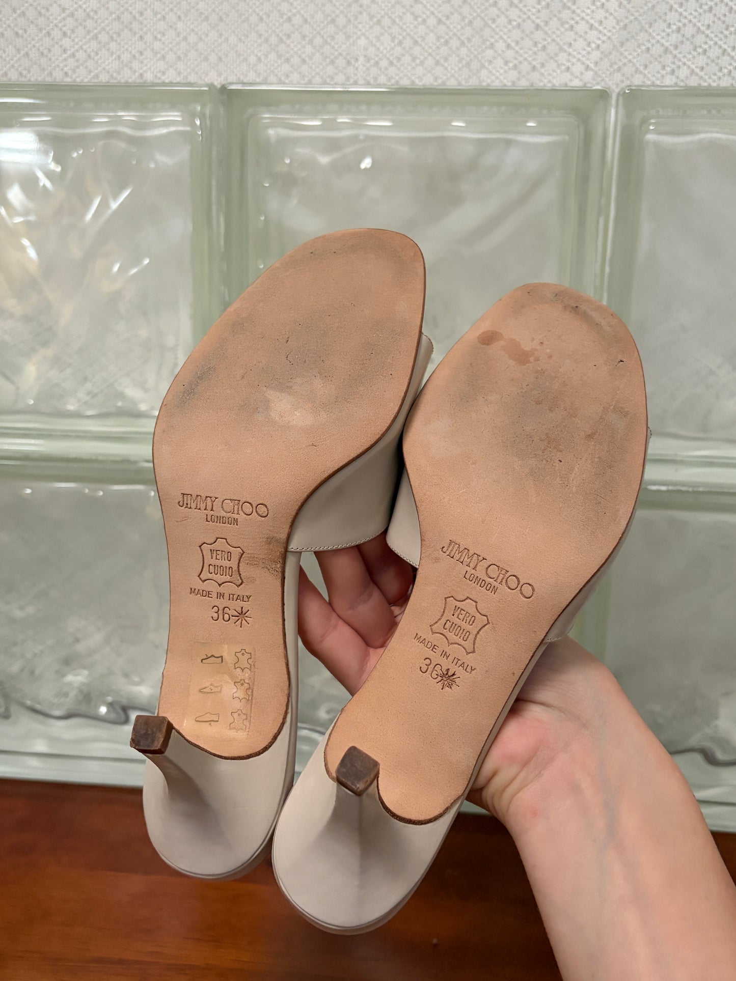 Vintage Jimmy Choo ivory leather open toe mules
