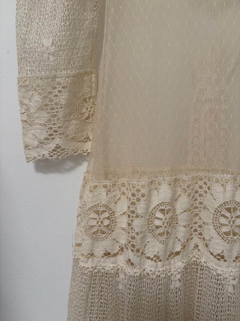 Vintage 70s does 20s cream lace drop waist bridal dress
