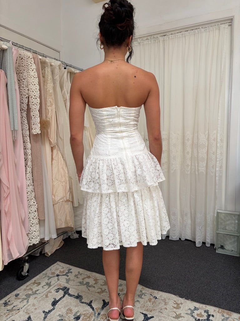 Vintage 80s white lace drop waist strapless mini dress