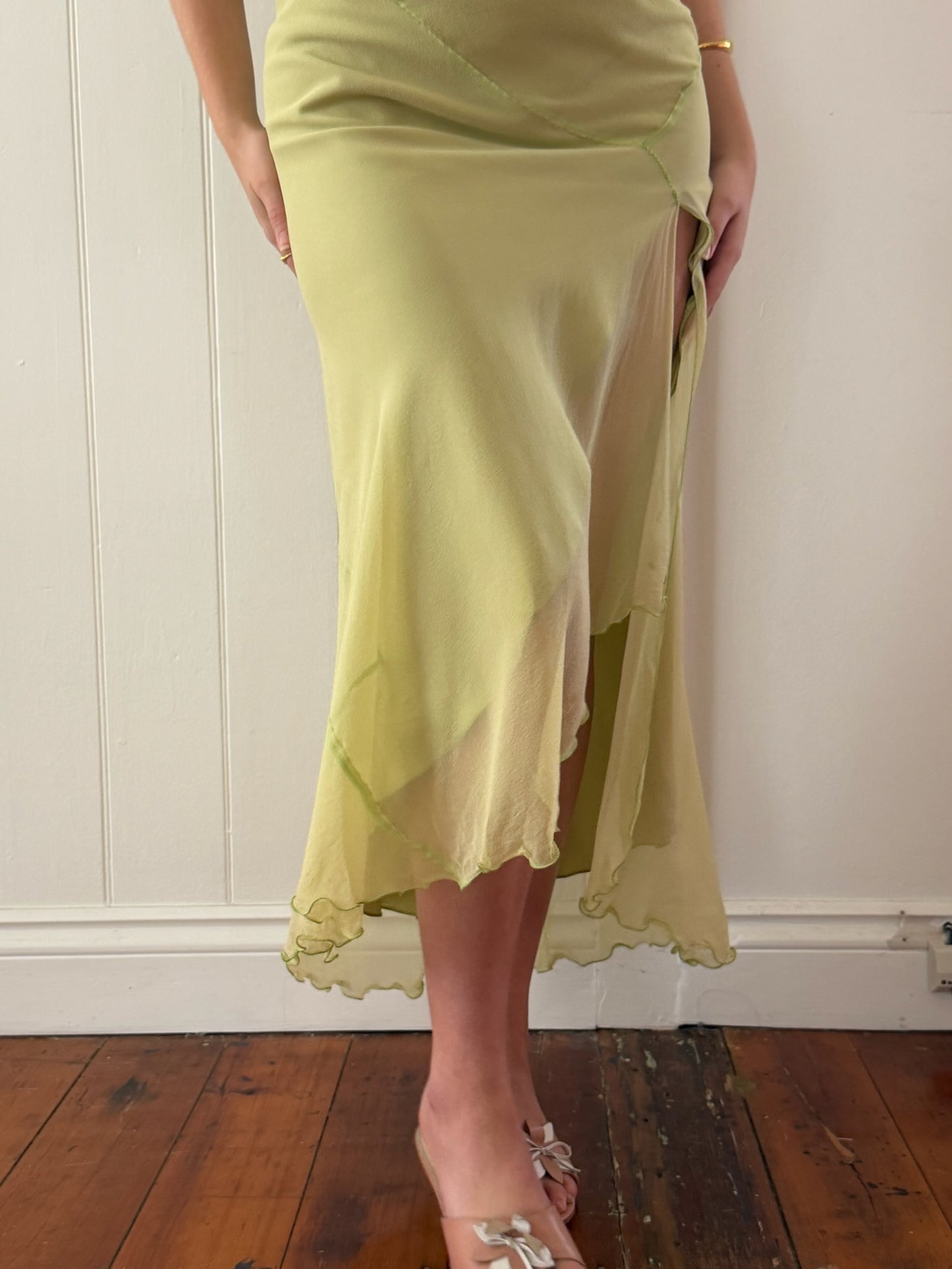 Vintage 1990 green asymmetric silk fairy dress with beaded fringing