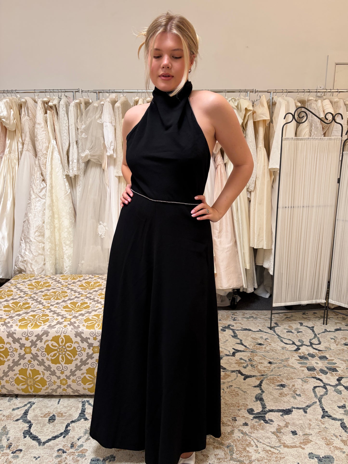 Vintage 70s Joan Leslie black open back halter gown with diamante trim