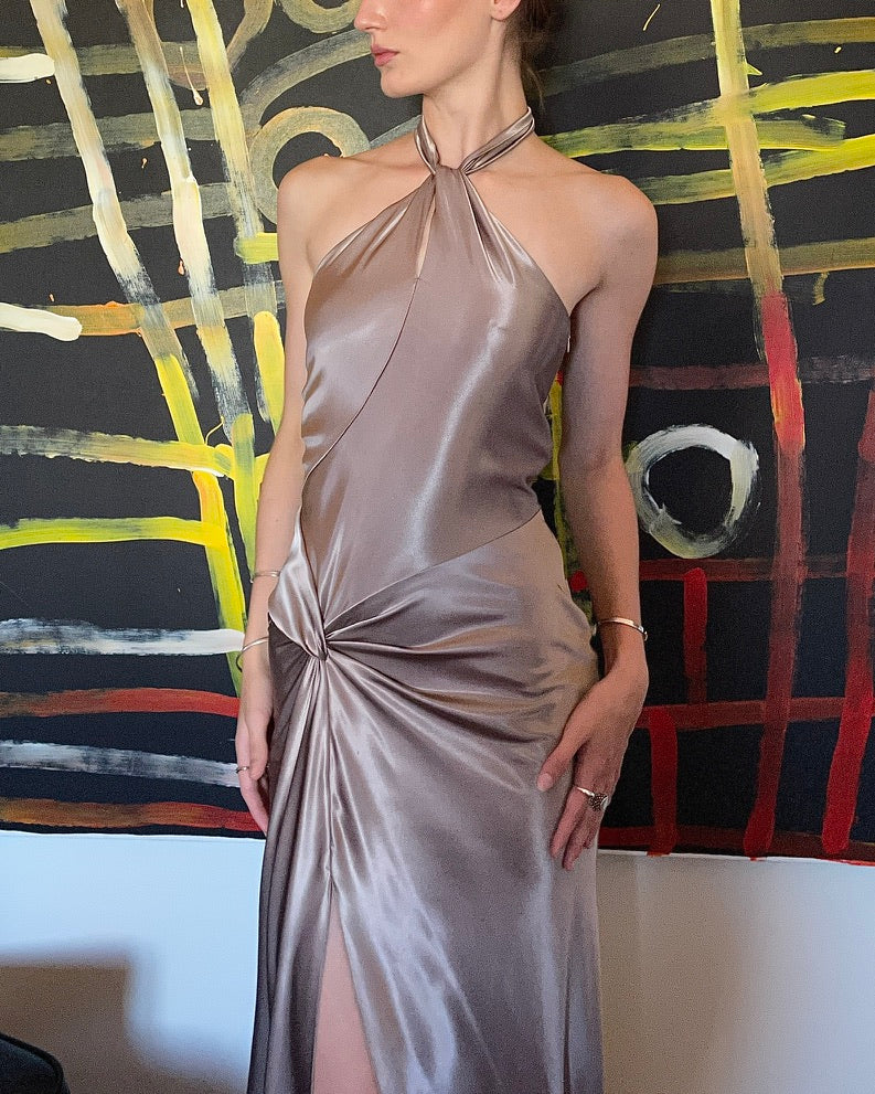 Vintage Ruth Tarvydas Halter Twist Gown Mocha 6