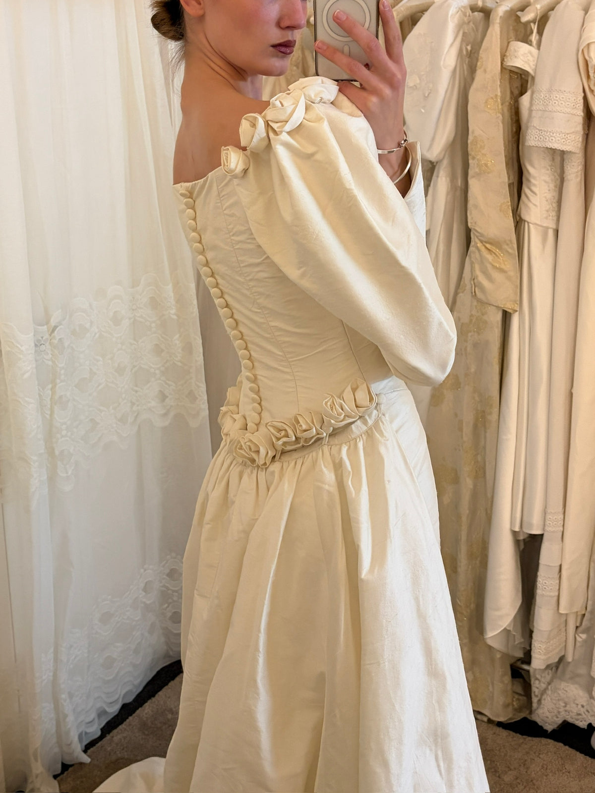Vintage 90s silk dupion long sleeve rosette wedding gown with detachable train