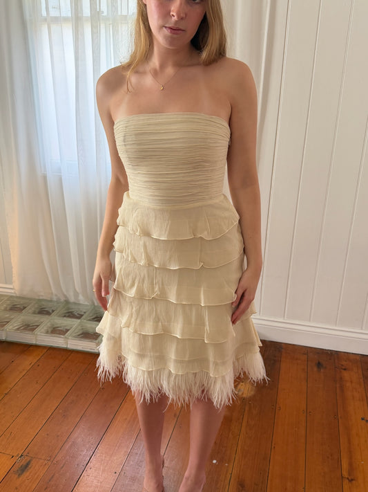 Vintage Y2K silk tiered midi dress with ostrich feather trim