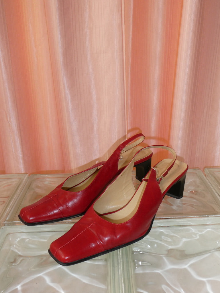 90s red leather square toe slingback kitten heels size 40