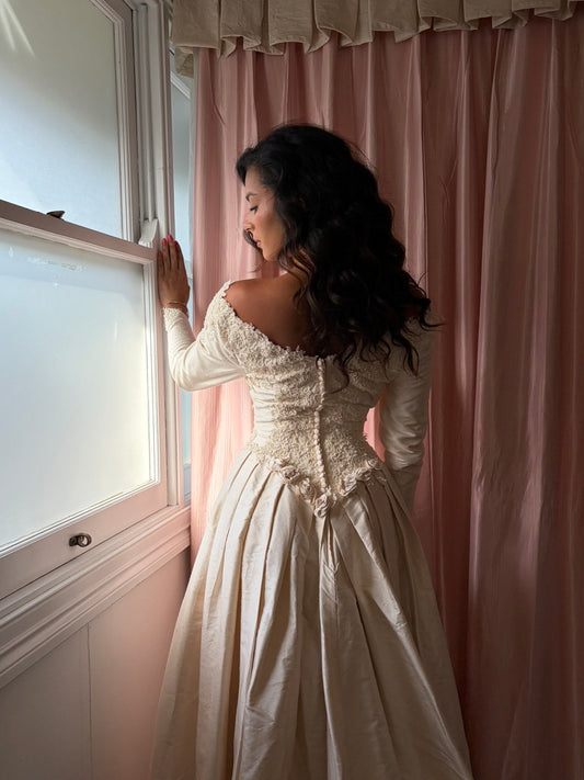 Vintage 1991 Silk dupion lone sleeve wedding gown with matching veil