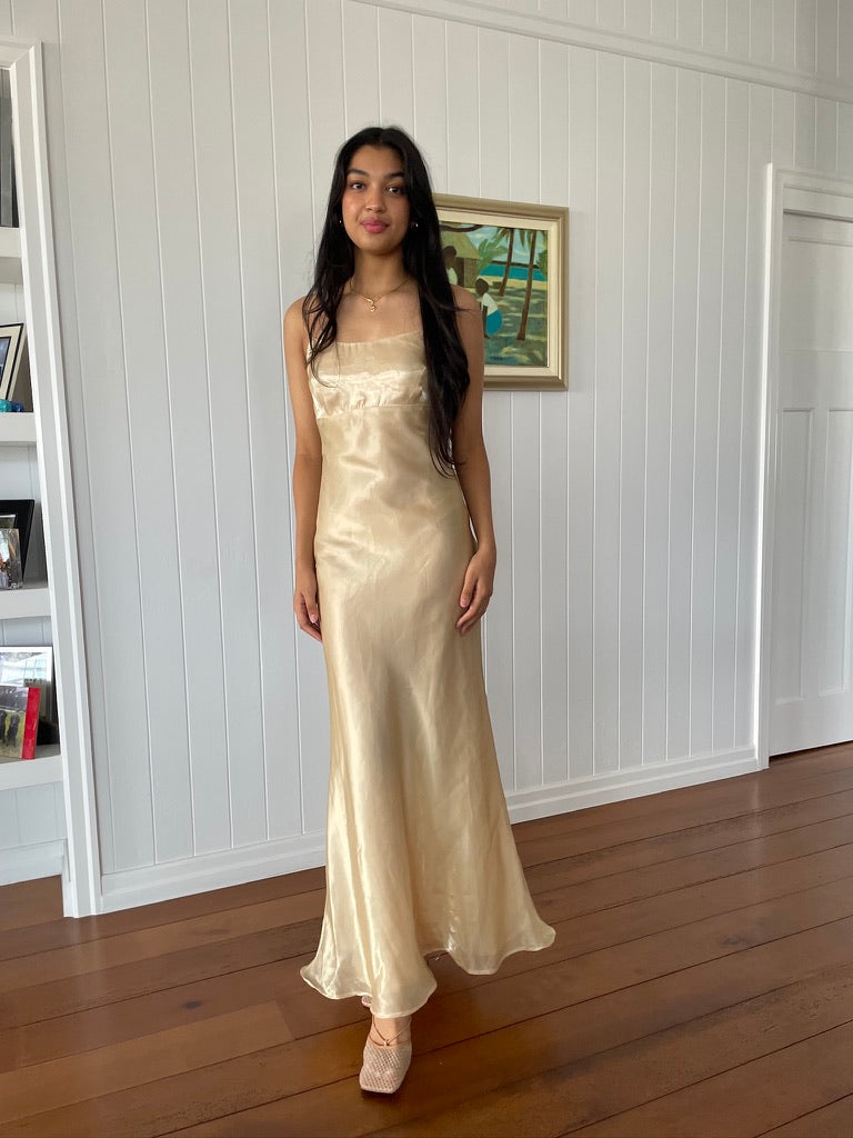 90s vintage champagne maxi dress with lace up back