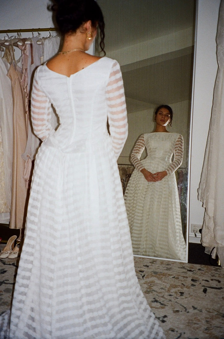 Vintage 60s lace long sleeve striped wedding gown with bows