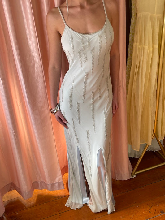 Vintage 90s ice blue Ruth Tarvydas silk beaded bias cut maxi dress