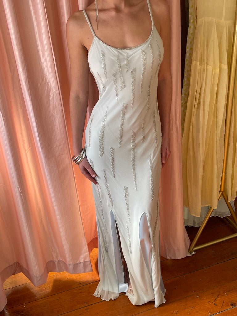 Vintage 00s ice blue silk beaded slip with slashed hem