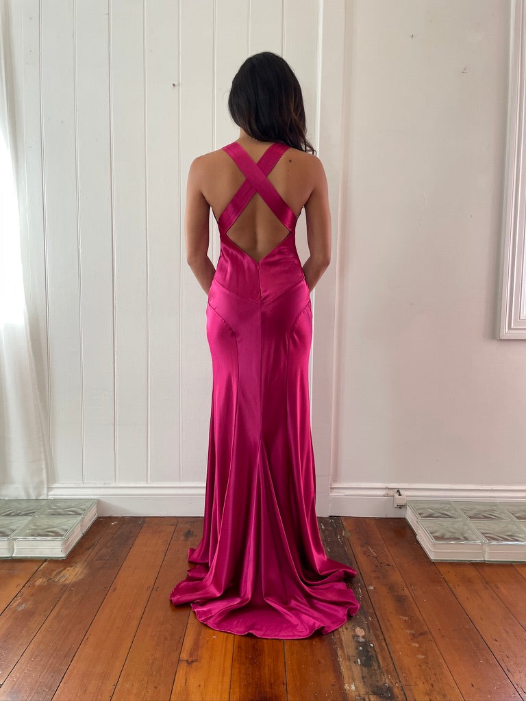 Vintage y2k Ruth Tarvydas hot pink satin evening gown