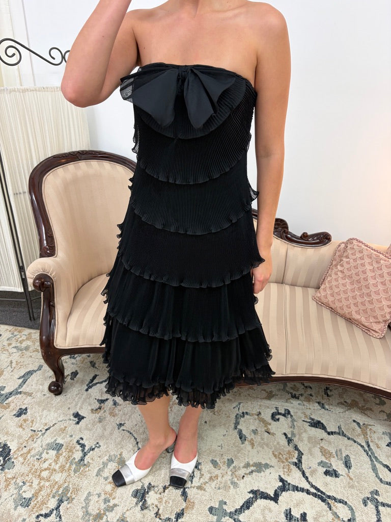 Vintage 80s Frank Usher tiered pleated black strapless dress