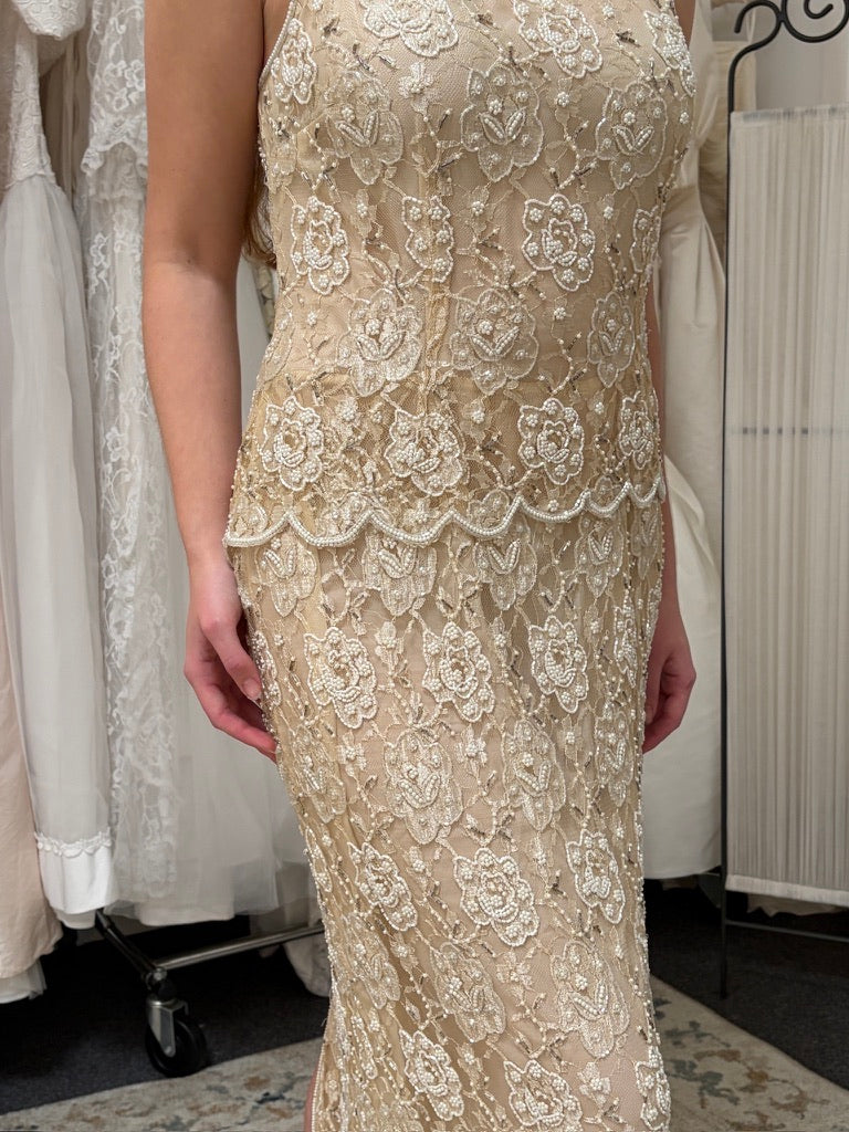 Vintage 90s high neck beaded champagne column dress