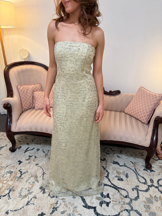 Vintage 00s Lisa Ho gold lace column evening gown