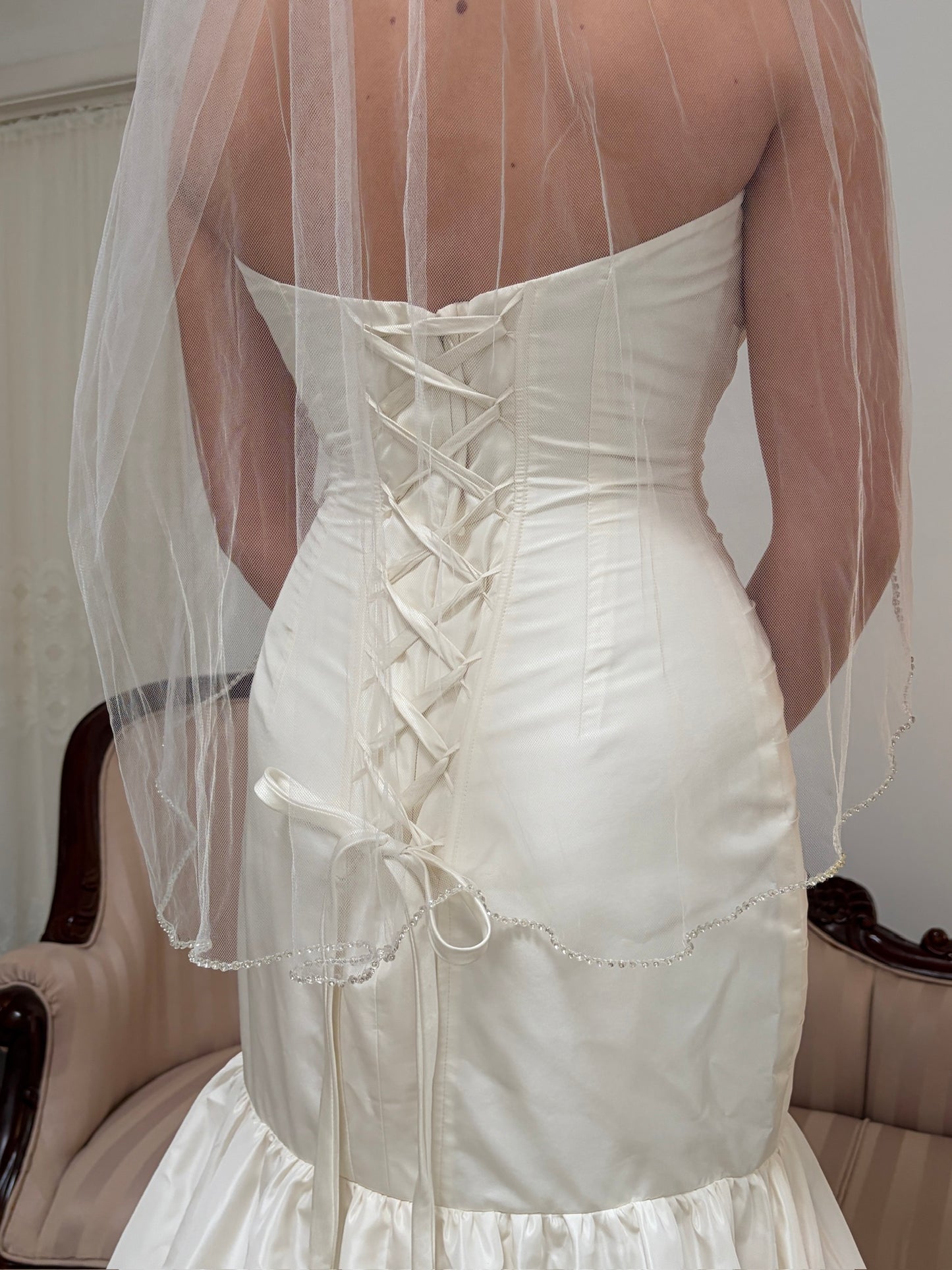 Vintage y2k ivory elbow veil with rhinestone edging