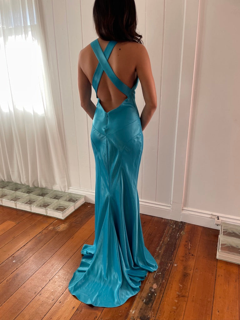 Vintage y2k Ruth Tarvydas aqua blue satin evening gown