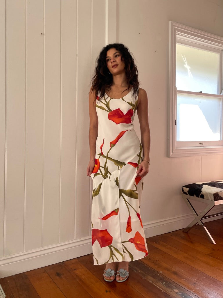 Vintage 90s white Calla Lily print maxi dress