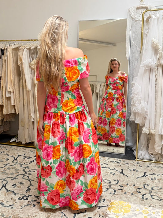 Vintage 80s Scaasi boutique floral drop waist off shoulder gown