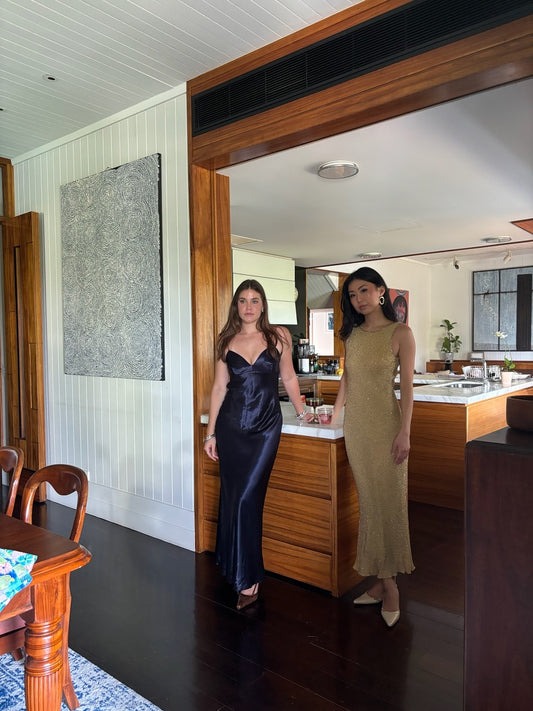 Julia Dress - Vintage 90s navy satin open back evening gown