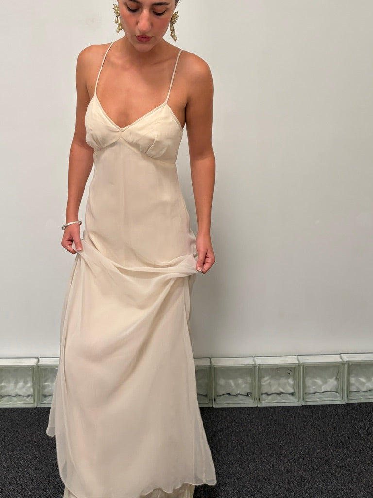 Vintage 70s cream empire waistline organza slip dress