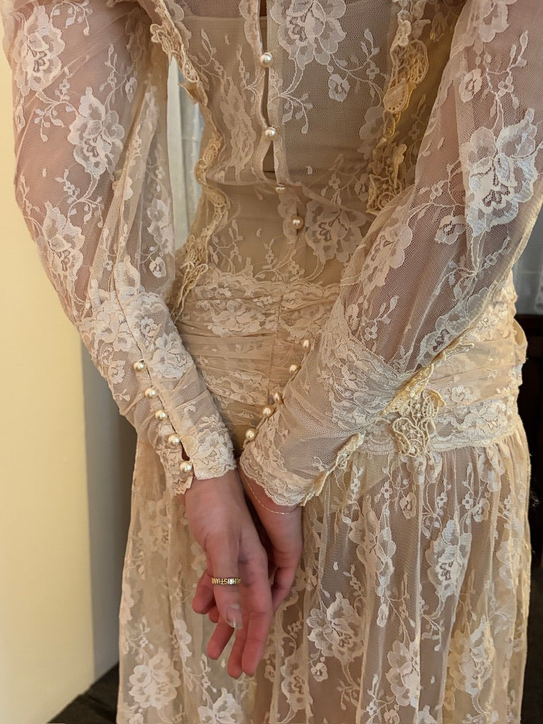Vintage 80s drop waist long sleeve blush lace midi dress