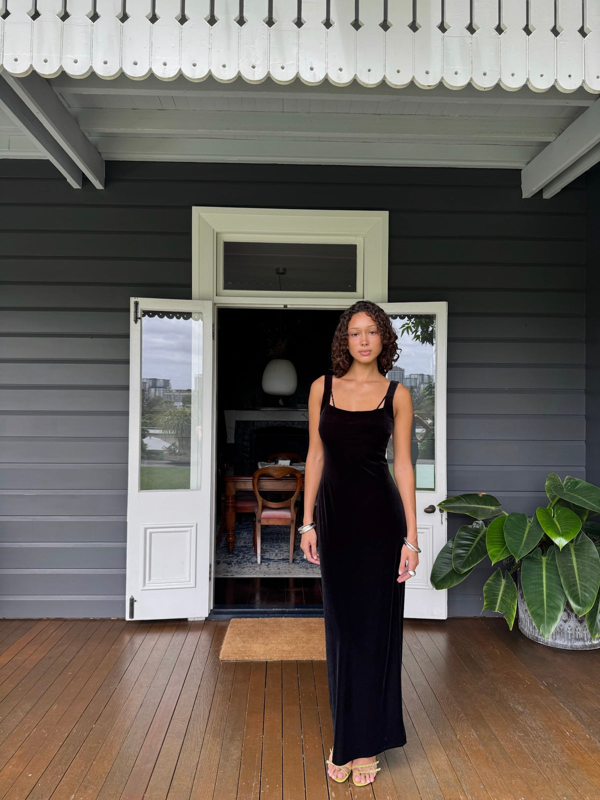 Vintage 90s black velvet maxi with open back and beaded details