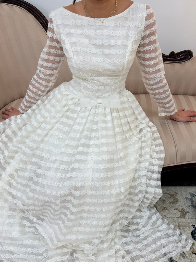 Vintage 60s lace long sleeve striped wedding gown with bows
