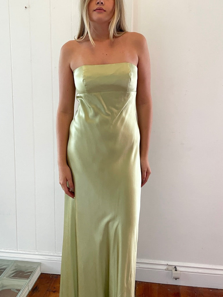 Vintage 90s pistachio green pure silk strapless gown