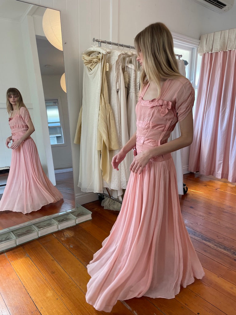 Vintage 50s pink drop waist maxi dress with bows