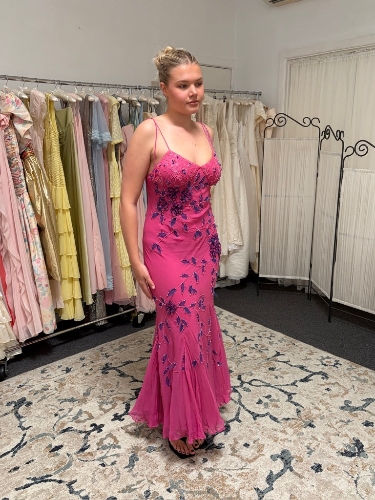 Vintage Y2K pink and purple silk beaded evening dress