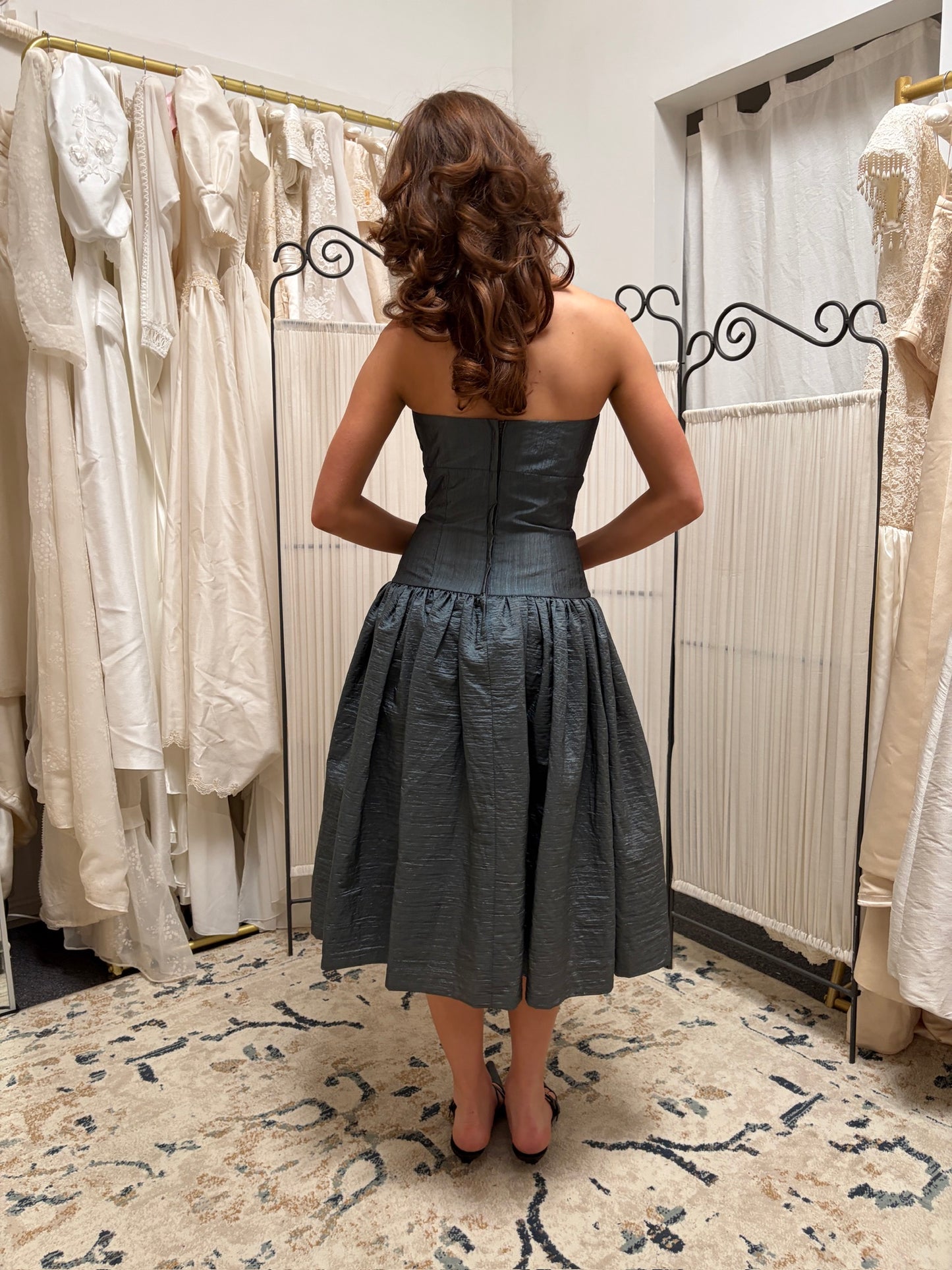 Vintage 80s slate drop waist midi dress with bow