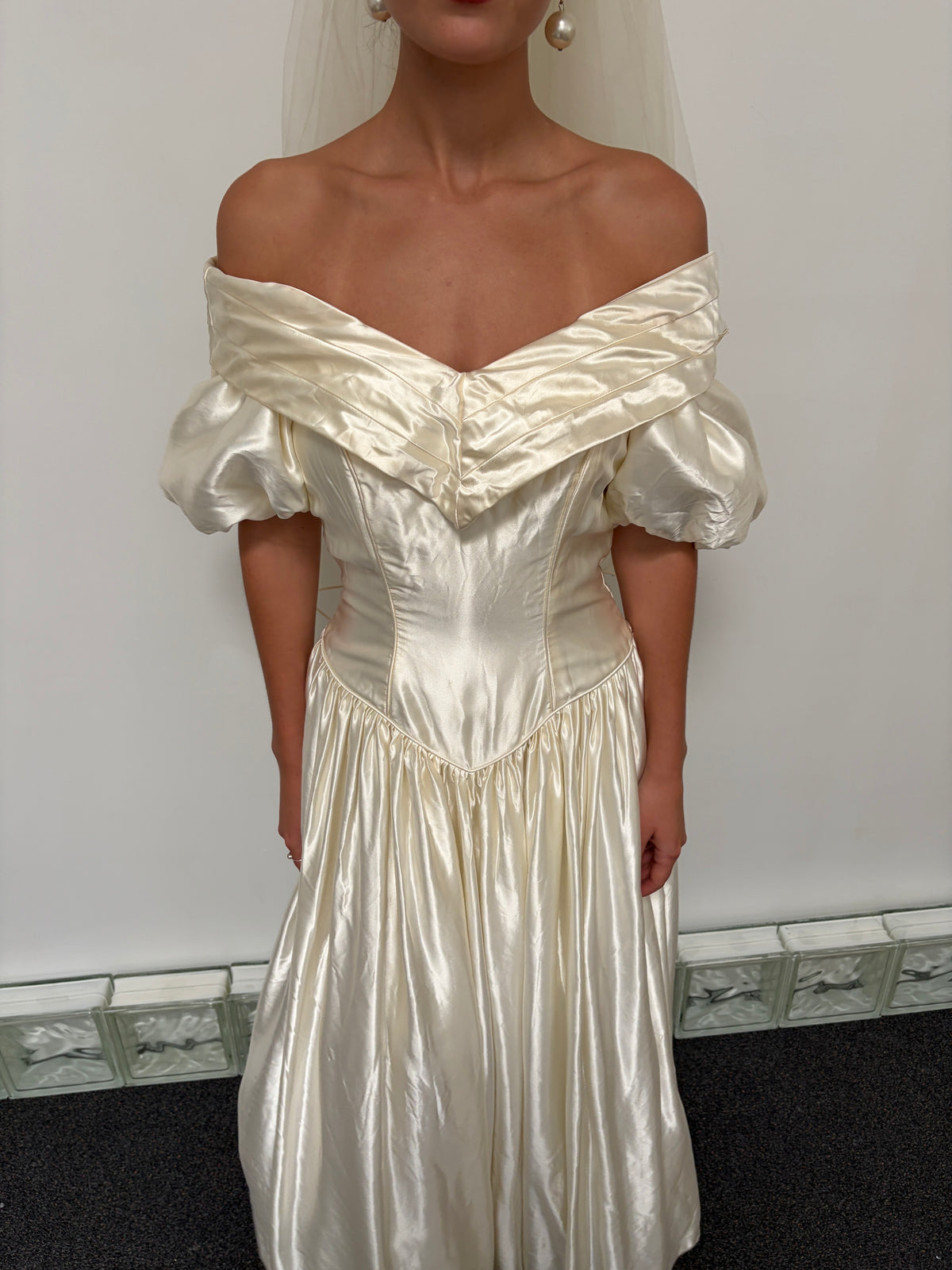 Vintage 90s cream satin basque waist princess wedding dress